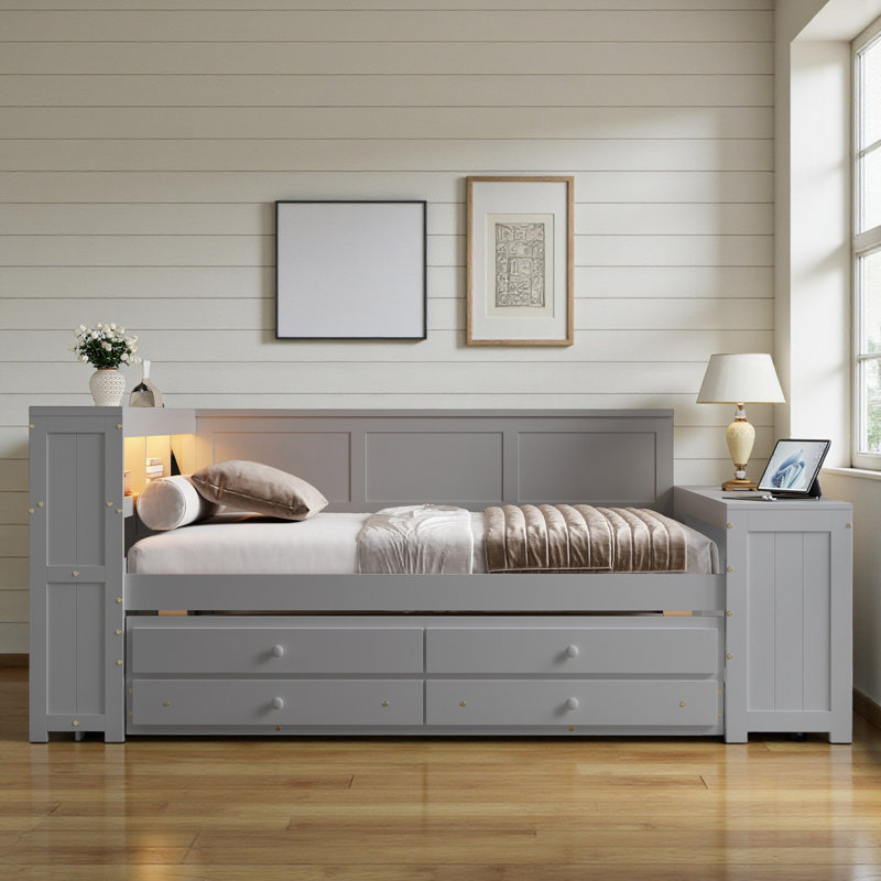 Full Daybed With Trundle, Desk, Charging Station And Storage, Gray