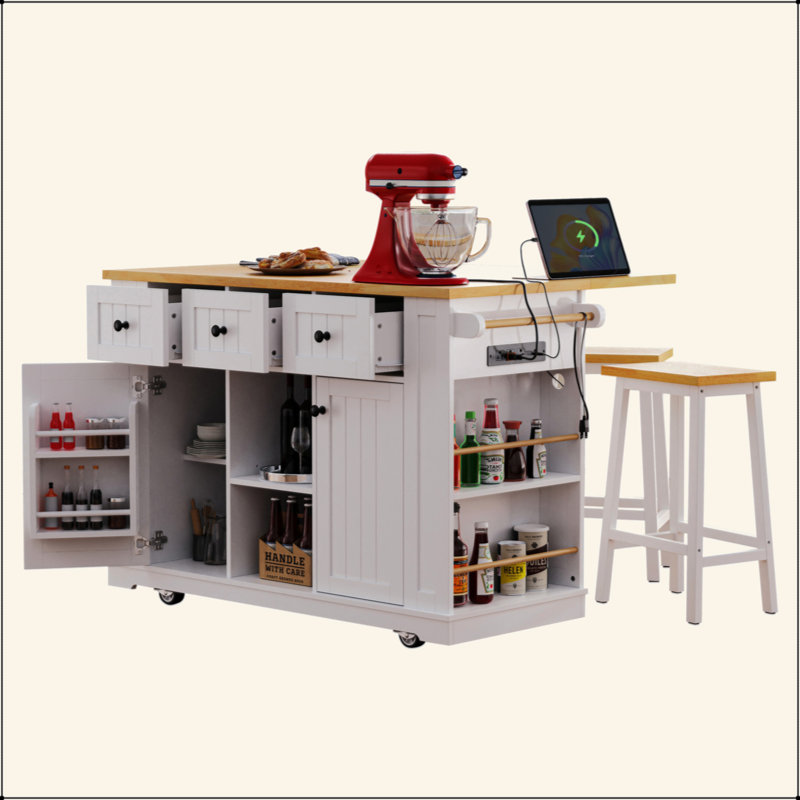 Large Kitchen Island With 2 Bar Stools, Power Outlet,Door Internal Storage Rack, Kitchen Storage Cart On 5 Wheels With Drop Leaf, 5 Open Side Racks, 3 Drawers, For Kitchen,Dining Room