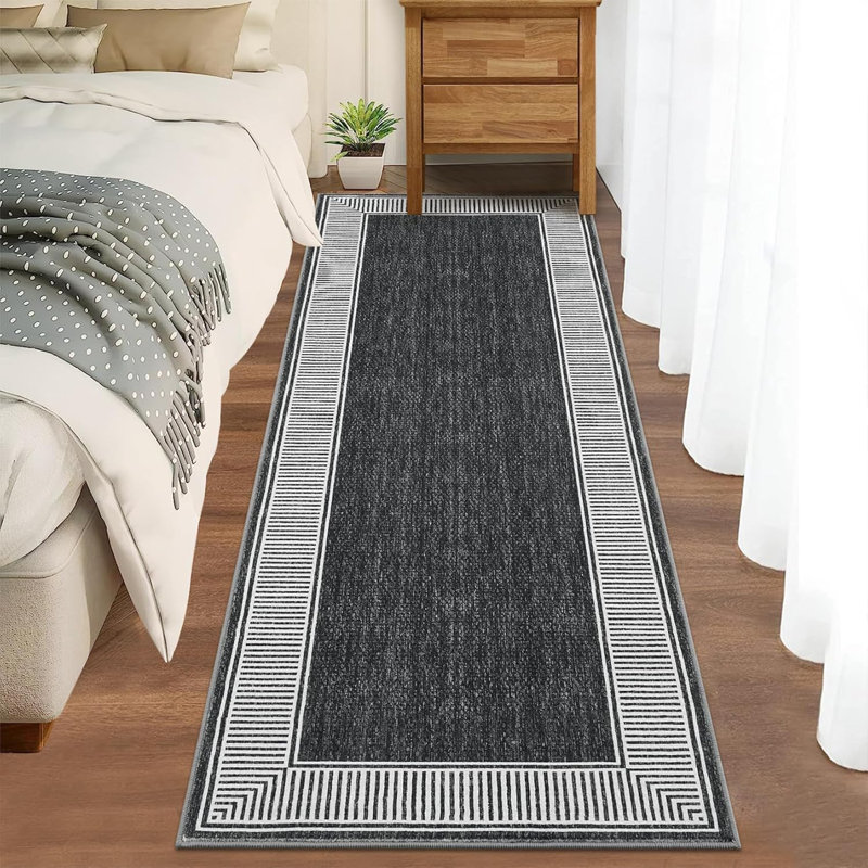 Striped Machine Printed Area Rug, Black, Runner 60 x 230 cm