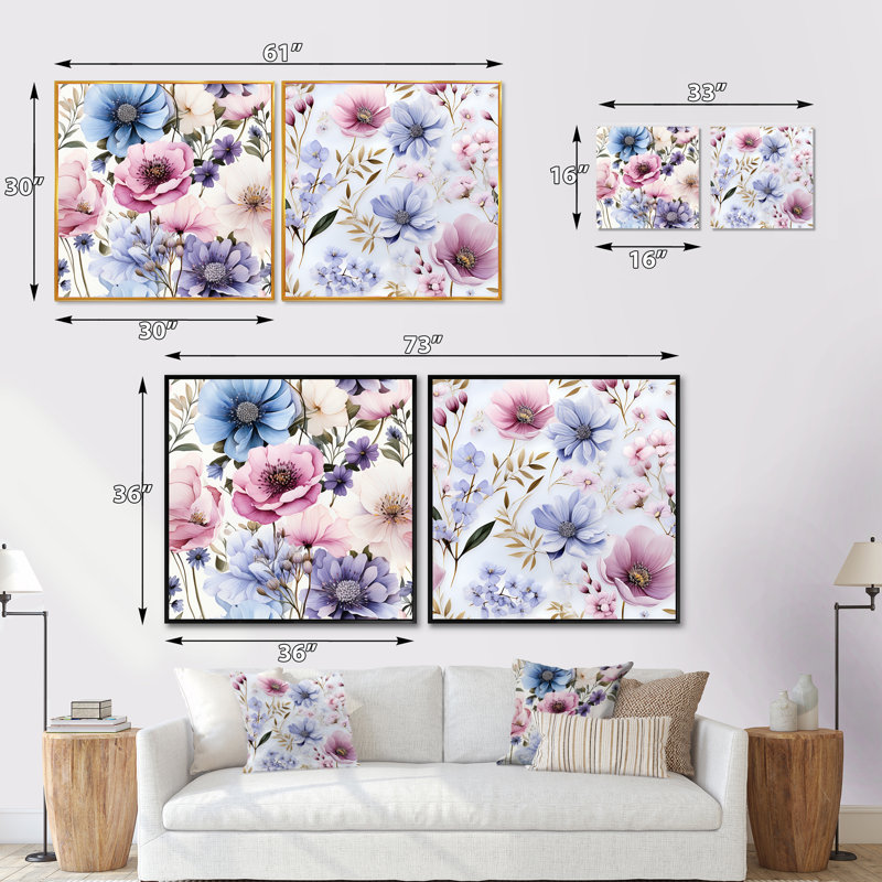 Pickell - ensemble de 2 collages carrés floraux, Cadre flottant noir, H 16 po x l 33 po