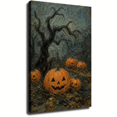 Jack O Lantern Pumpkins Under Twisted Spooky Tree Dark Fall Forest Vintage Canvas Wall Art Halloween Decor