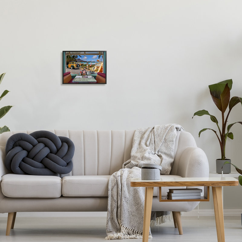 Az-039 - Diner rétro encadré avec vue sur la plage, H 11 po x l 14 po x P 1,5 po, Giclée encadrée noir minuit