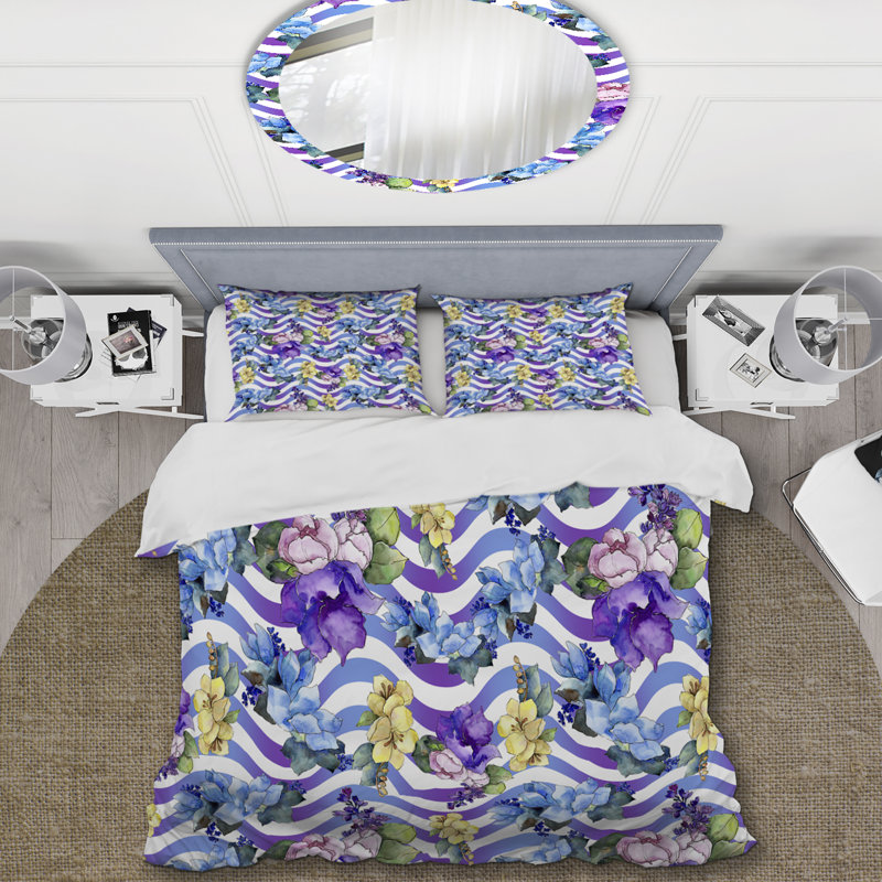 Purple Tropical Flowers Polyester Floral Duvet Cover Set, King Duvet Cover + 2 King Shams