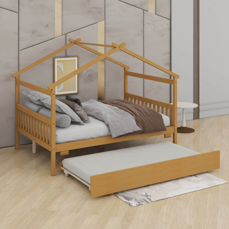 Lit double en bois avec lit gigogne, Naturel