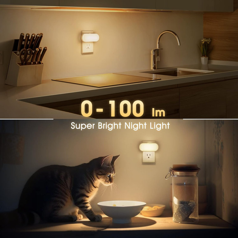 Horizontal White Plug-In Night Light With Light Sensor, 3000K Warm White, Sliding Dimmer