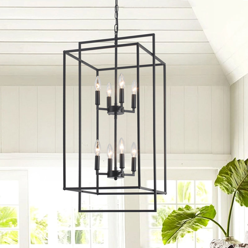 8 - Light Dimmable  Lantern Rectangle Chandelier, Matte Black