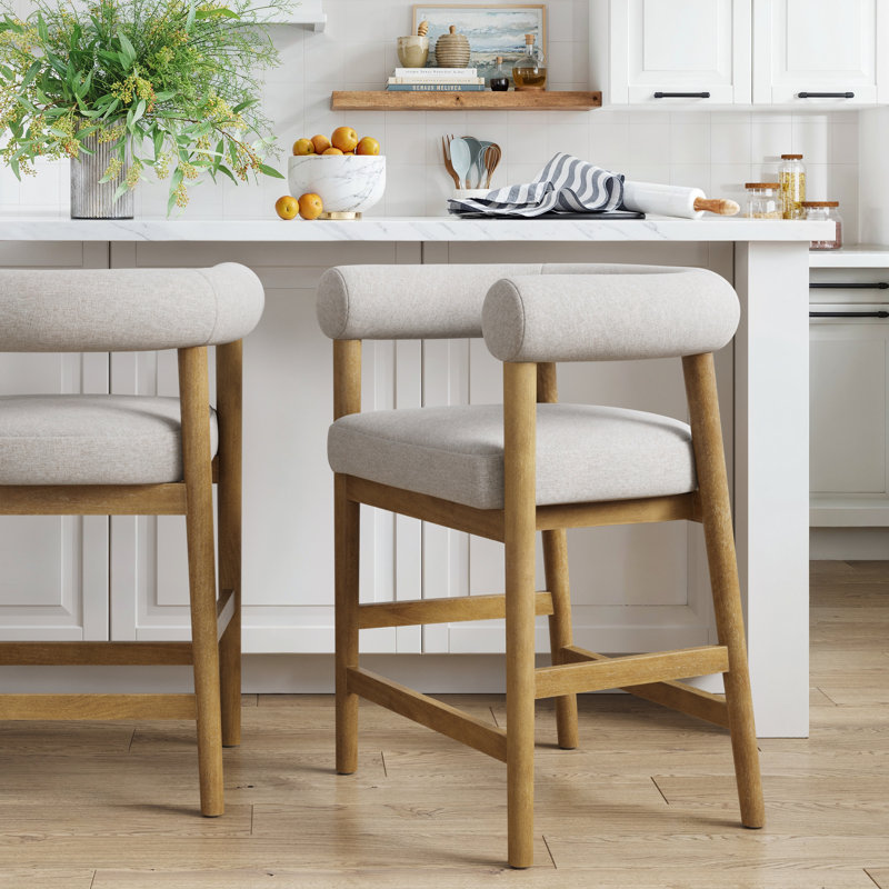 Barrel Back Bar Stool with Solid Wood Legs and Curved Back, 1