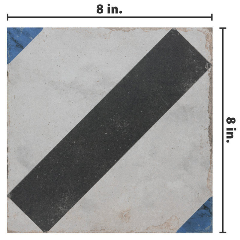 Renaissance Deco 8" x 8" Porcelain Wall & Floor Tile, Indigo/White