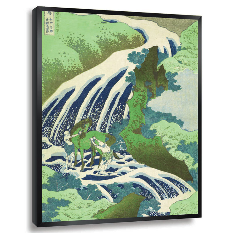 « japanese cascade » par katsushika hokusai,, reproduction d’art encadrée en vert et bleu, H 28 po x l 22 po