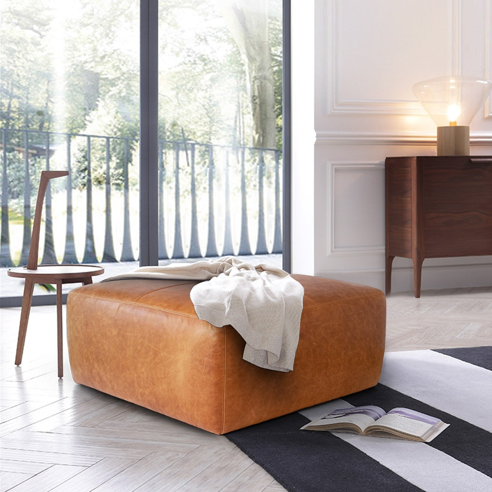 Heafield 35" Genuine Leather Ottoman, Cognac Tan Genuine Leather