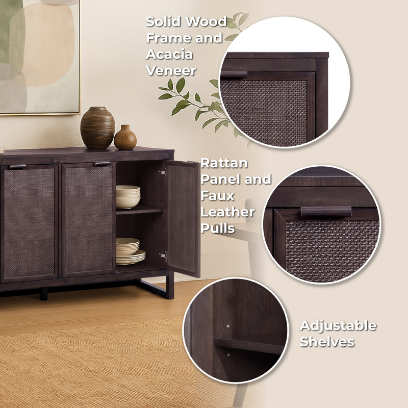 Modern Boho Solid Wood Sideboard Cabinet with Rattan Inlay Doors, Adjustable Shelves & Soft-Close Storage - Black, Espresso