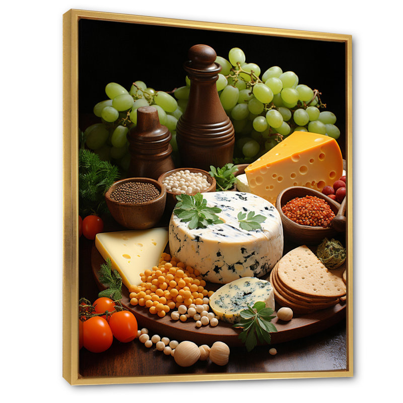 Homeros alimentaire fromage pointillisme point I, Cadre flottant doré, H 40 po x l 30 po x P 1,5 po
