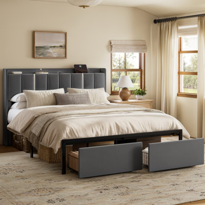 Upholstered Queen Bed with 2 Drawers and Open Storage Headboard，Platform Bed with Charging Station, No Spring Boxing Needed, Gray