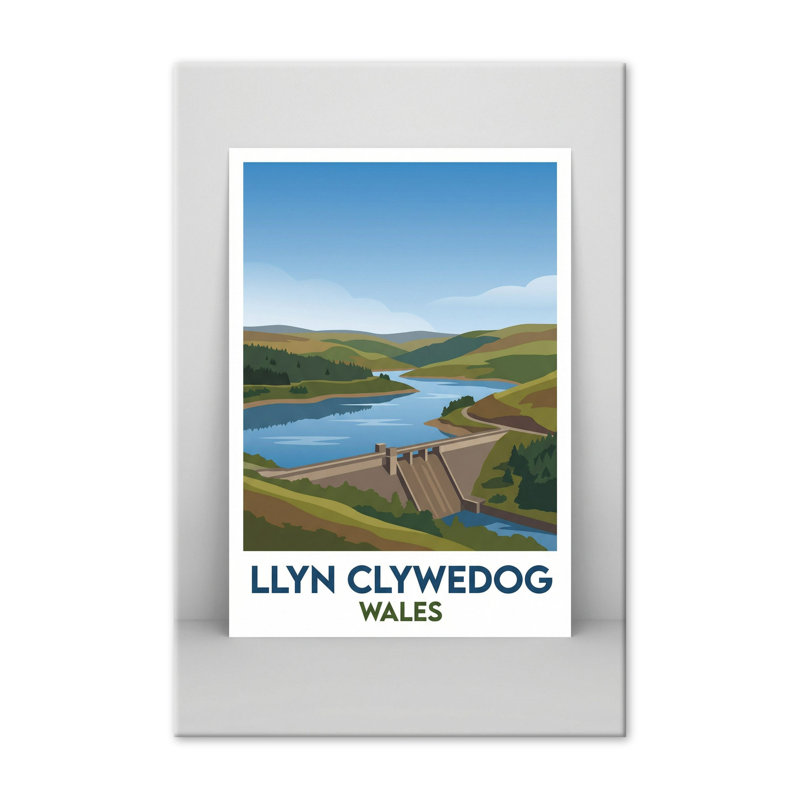 Llyn Clywedog, Wales - Romantic Travel Poster Of Reservoir, Dam And Welsh Hills. Giclee Print On Wrapped Canvas. Wall Art, Home Decor - Natural Landmarks, Wales - Wrapped Canvas Print