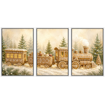 Tableau de Noël « Train en pain d'épice », Décoration murale pour salon, Impression giclée sur toile encadrée, 3 pièces - 40,6 x 61 cm (x3 pièces), 61 x 91,4 cm (x3 pièces)