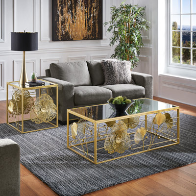 Lilliann Gold Finish Peony And Ginkgo Coffee And End Table Set With Mirror Top