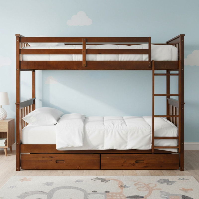 Lit superposé simple au-dessus de simple en bois massif avec échelles et 2 tiroirs de rangement pour garçons et filles, Noyer