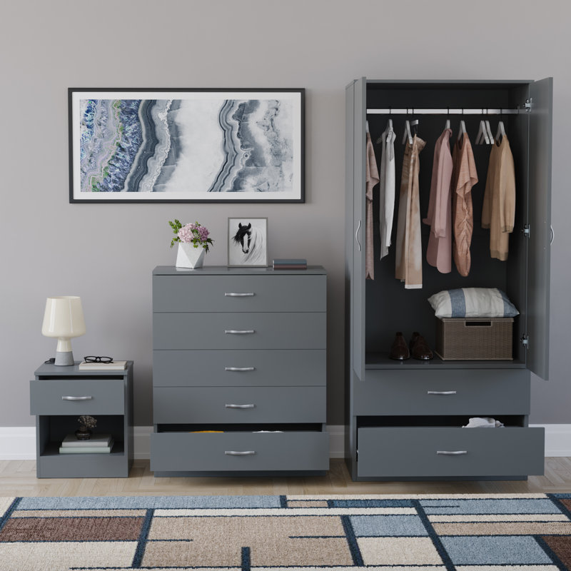 Maybery 3 Piece Bedroom Set (1 Drawer Bedside Chest, 5 Drawer Chest, 2 Door 2 Drawer Wardrobe), (4), Grey