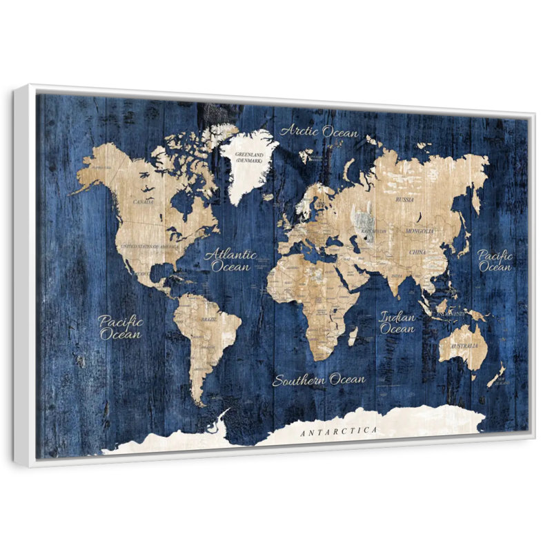 Carte du monde en bois texturé, Cadre flottant blanc, 46 po x 31 po