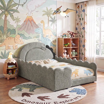 Boucle Upholstered Dinosaur-Shaped Kids Bed With Safety Guardrails And Solid Wood Slat Support