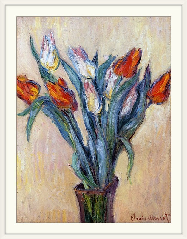 «Classic Art Tulips» par Claude Monet, l 44 po x P 35 po x H 1 po, Cadre blanc