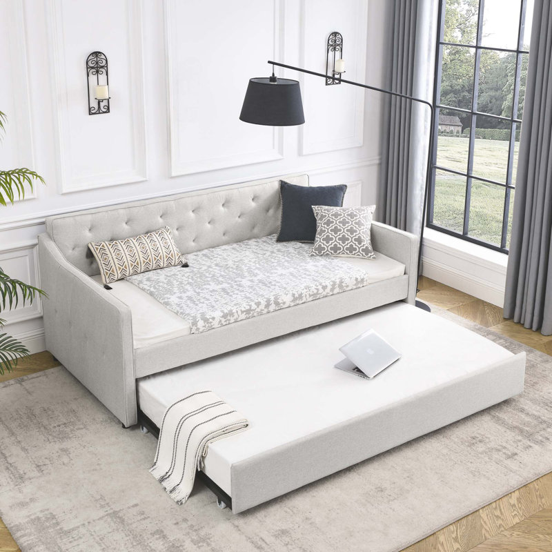 Lit de jour avec canapé-lit capitonné de taille simple avec accoudoirs ondulés, Beige