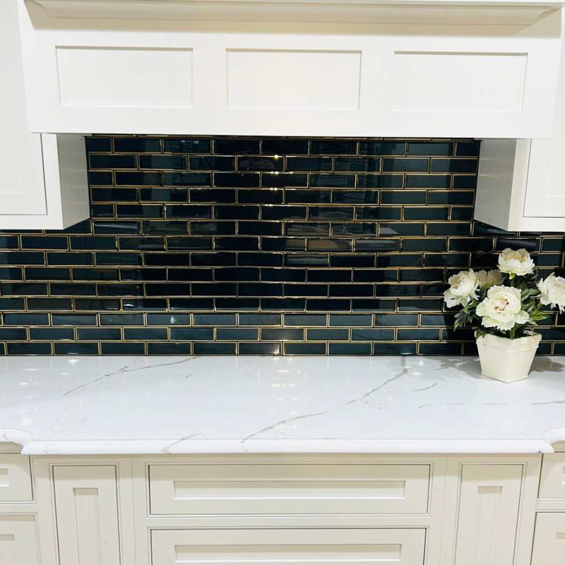 Athena Black 2" x 6" Glass Brick Joint Mosaic Wall & Floor Tile, Gold