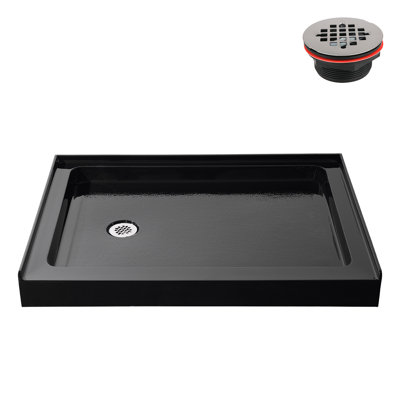 48 in. x 36 in. Alcove Acrylic Shower Base in Glossy Black With Left Drain, Drain Included