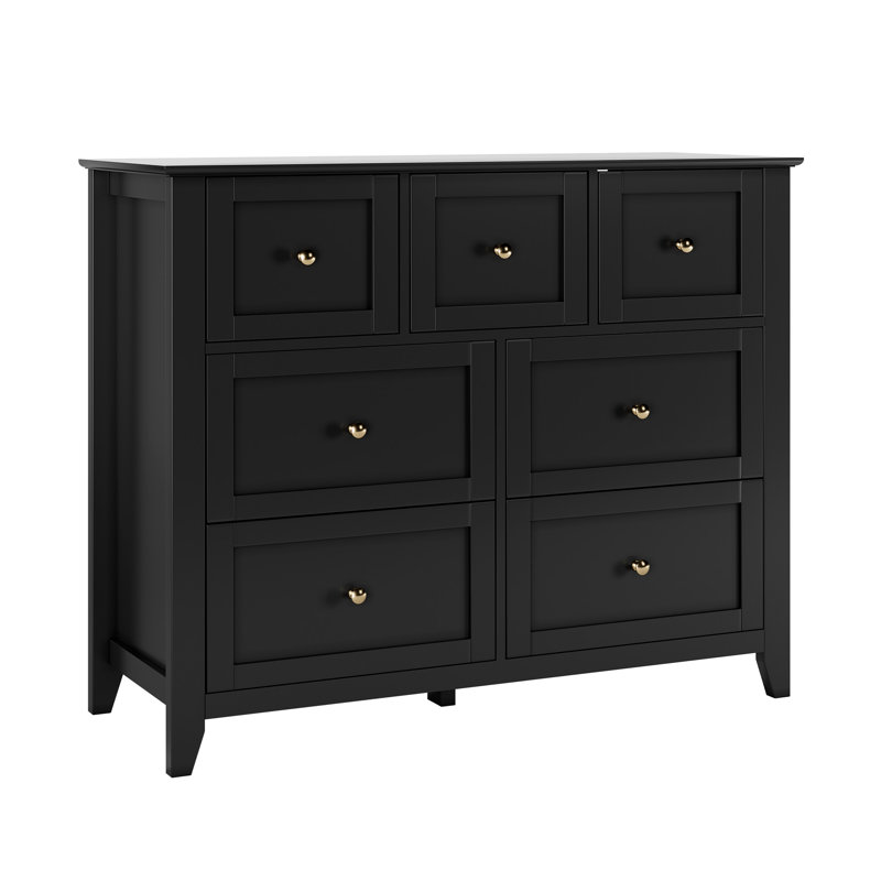 7-Drawer Wood Dresser with Metal Handles, Modern Minimalist Chest of Drawers for Bedroom, Living Room, Black