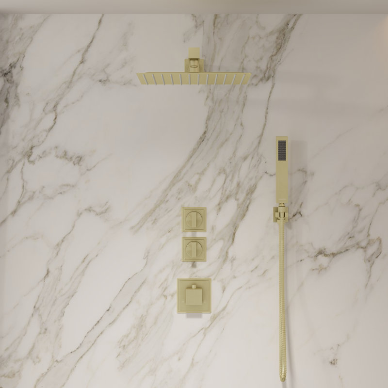 Rugen Thermostatic Shower System, Large 12" Rain Shower Head with Handheld, Zirconium Gold Shower Faucet Set with Valve, High Pressure Rainfall Showerhead