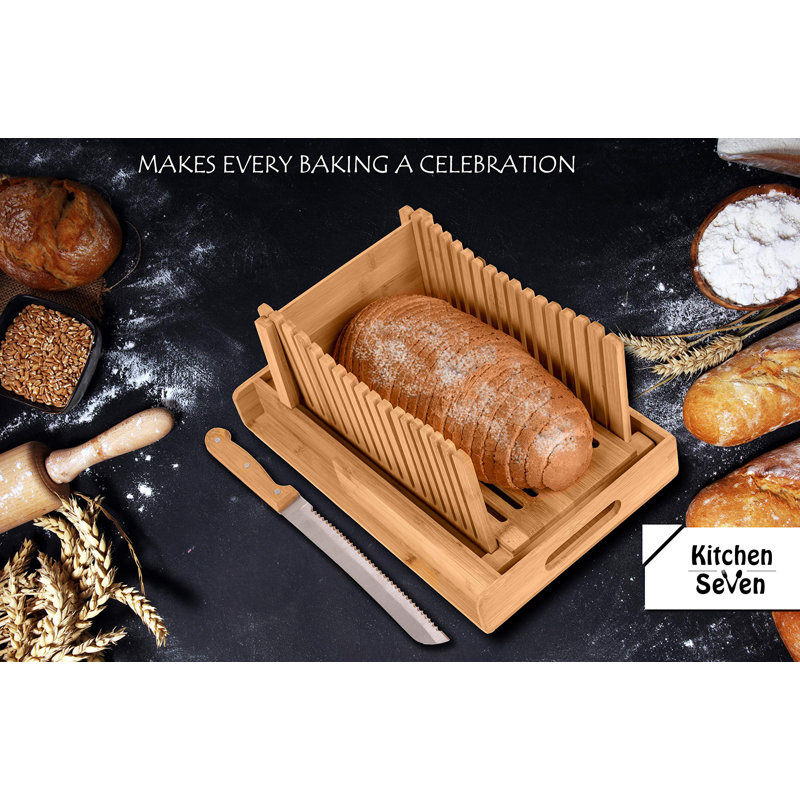 Bamboo Bread Slicer With Crumb Tray Bamboo Bread Cutter For Homemade Bread, Loaf Cakes, Bagels Slicer, 3 Slice Sizes, Adjustable, Compact, Foldable