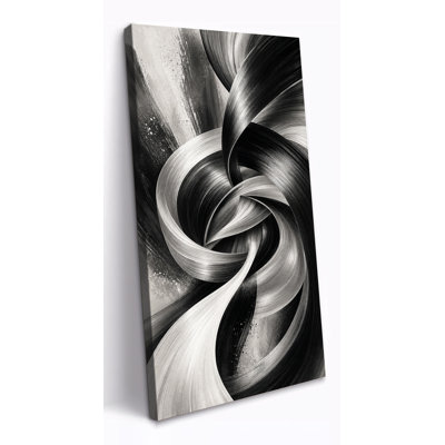 Art mural sur toile abstraite monochromes métalliques tourbillonnants, mouvement à ruban noir, blanc et argent pour bureau, œuvre d'art verticale tendue avec châssis, prête à être suspendue, 20 po x 40 po