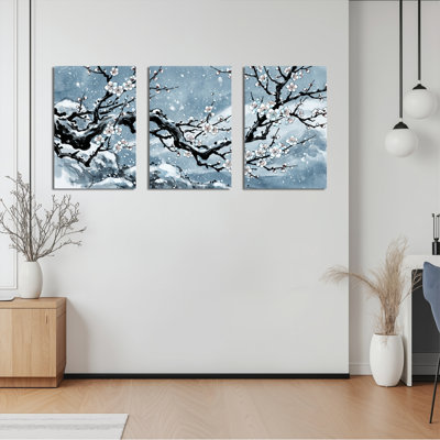 «Winter Plum Blossom Landscape», ensemble de 3 reproductions d'art sur toile tendues
