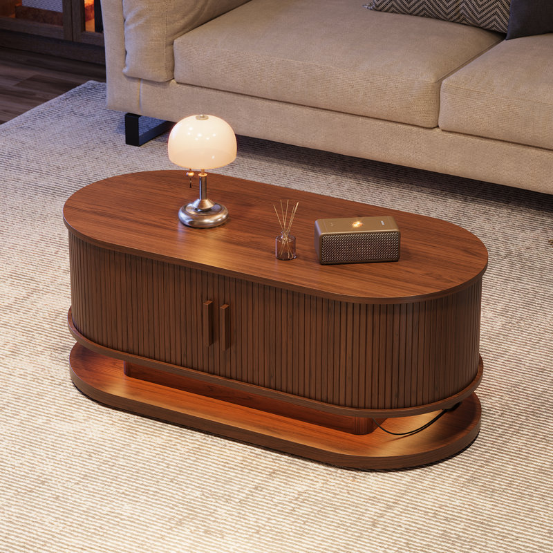 Table basse ovale de 110 cm de large avec rangement dissimulé et éclairage RVB, Walnut