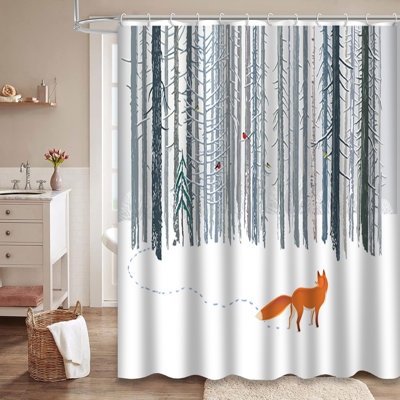 Winter Forest Fox Sketch Adventure Animal Shower Curtain with 12 Hooks