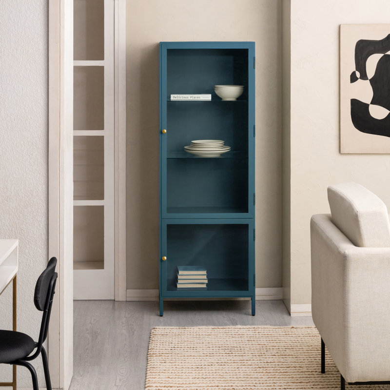 Julina Metal & Glass Display Cabinet with 3-Tier Shelves and Cabinet, Bleu