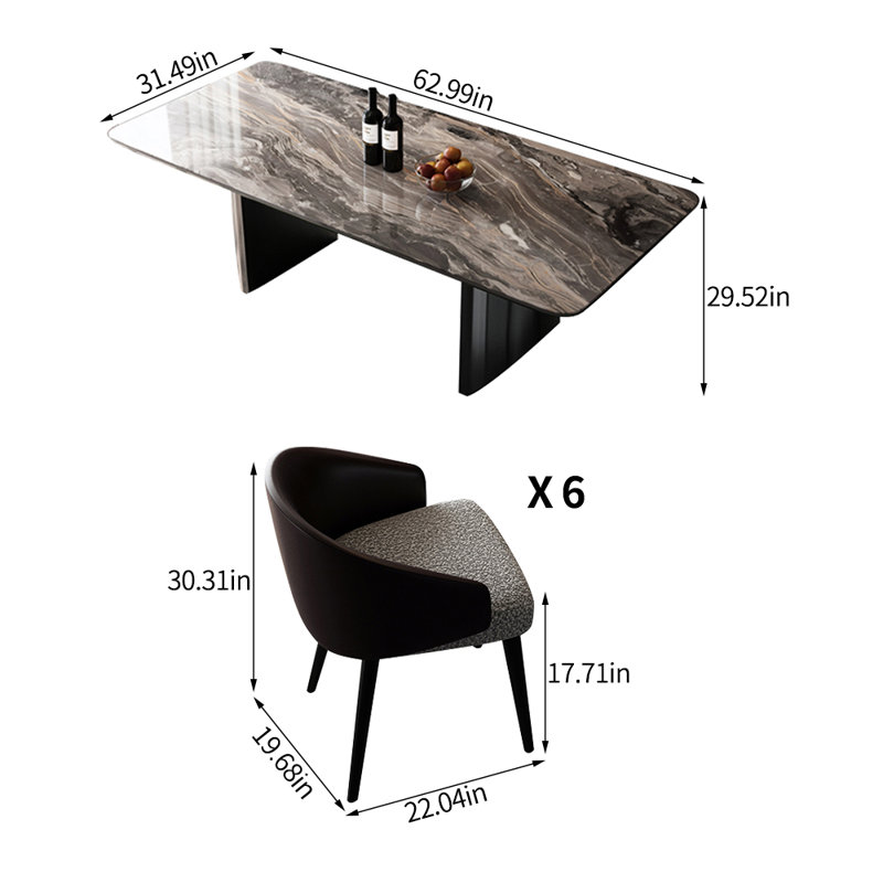 Modern simple rectangular marble dining table set, 29.52"H x 62.99"L x 31.49"W