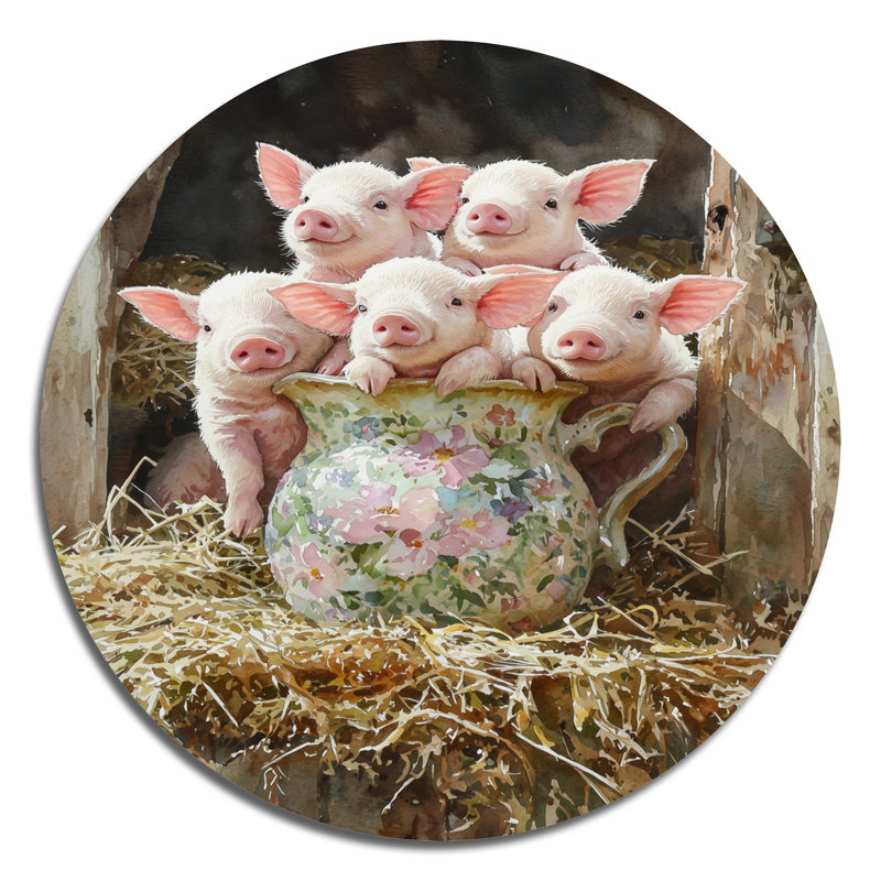 «Milk and Pigs Portrait At The Barn II» - cochon rond, impression sur métal rose moderne, H 29 po x l 29 po