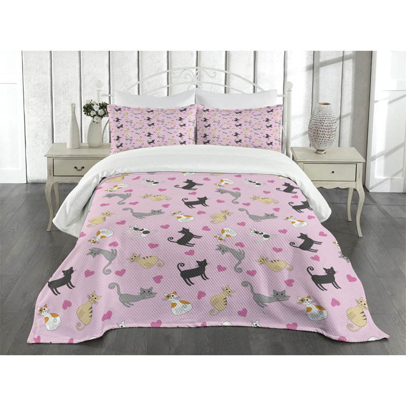 Queen Size Pink Cat Pattern Bedspread Set