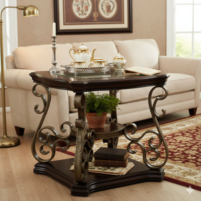 Table de bout avec plateau en verre, tablette centrale en panneau de fibres à densité moyenne avec papier marbré et pieds en métal avec finition thermolaquée. Dimensions: L 26,3 po x l 26,3 po x H 24 po.