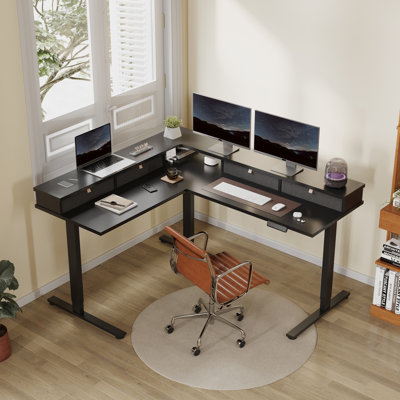 L Shaped Standing Desk With Drawers, Shelf, Adjustable Gaming Table For Home, Office, Gamer by Inbox Zero
