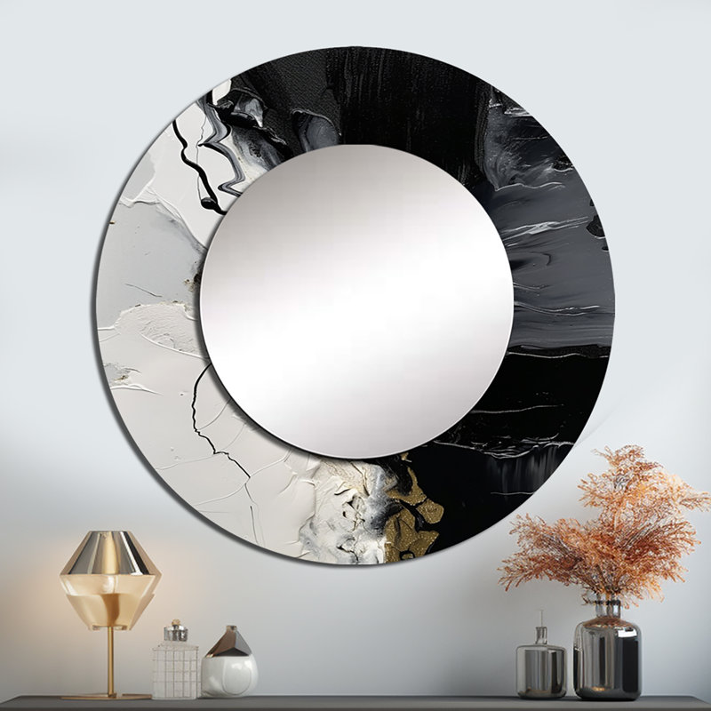 Pedone noir texturé Splash Paint Art I - peinture murale abstraite, miroir rond moderne, impression sur métal, 29 po x 29 po