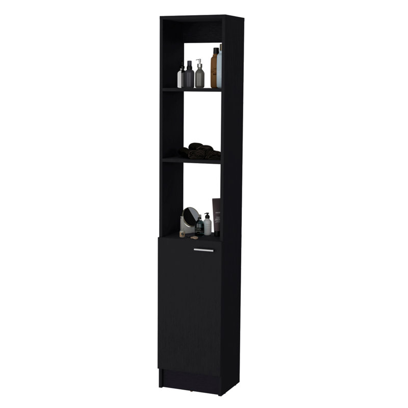 Armoire à linge avec 1 porte, 3 tablettes ouvertes, Noir mat