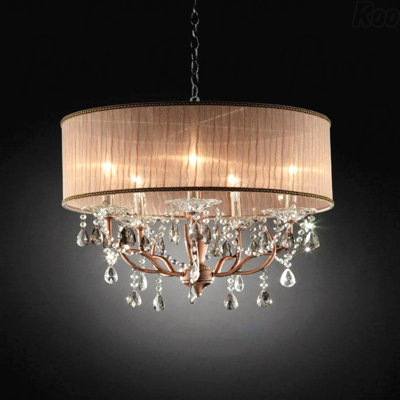 Plafonnier haut de 25 po de diamètre «Rosie», finition rose argenté, accents de cristal