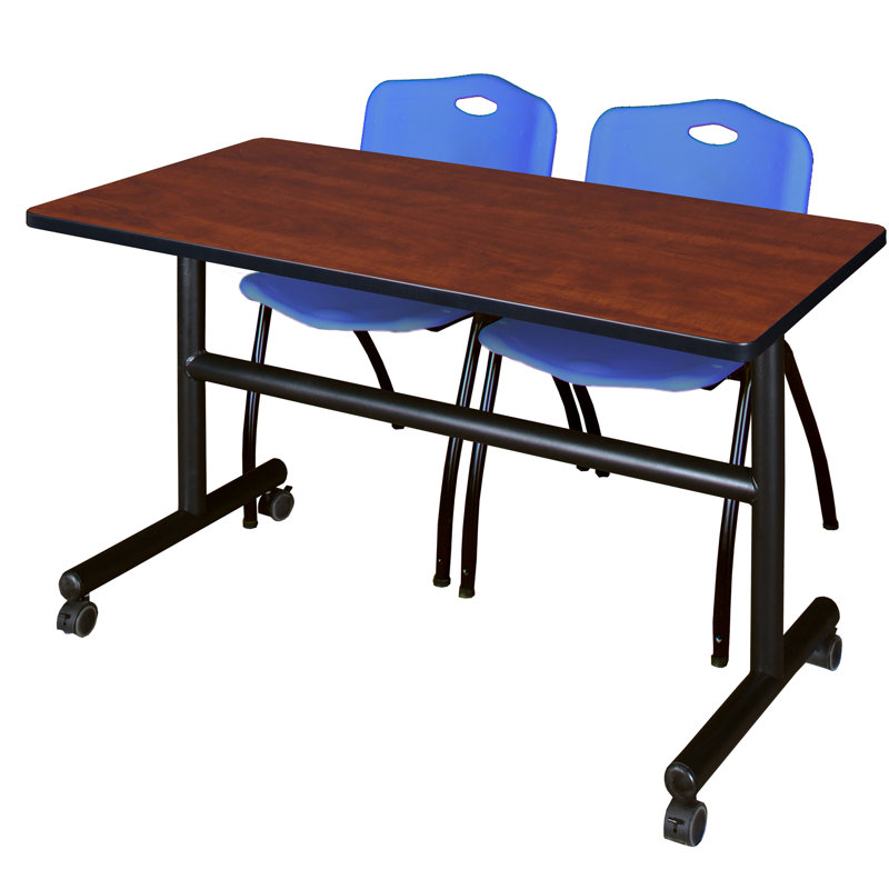 Table gigogne d'appoint Nevjana, 2 chaises empilables, H 29 po x l 60 po x P 30 po, Cerisier, Bleu