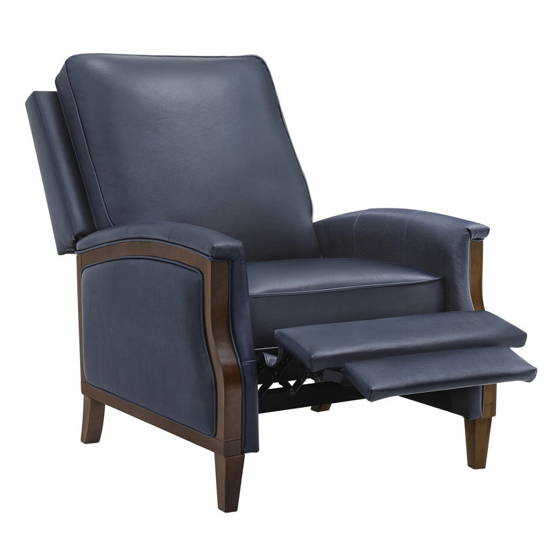 Liauro 32.3" Wide Genuine Leather Manual Push Back Recliner with Solid Wood Handrail, Navy Faux Leather