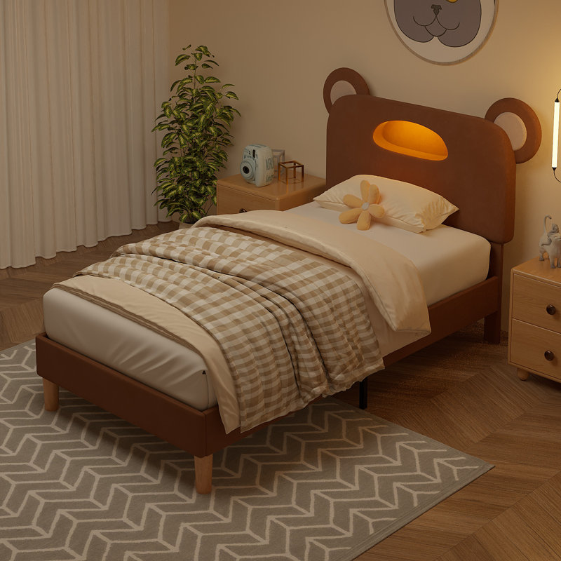 Lit plateforme simple avec rangement de lumière DEL et tête de lit réglable en forme d'ours