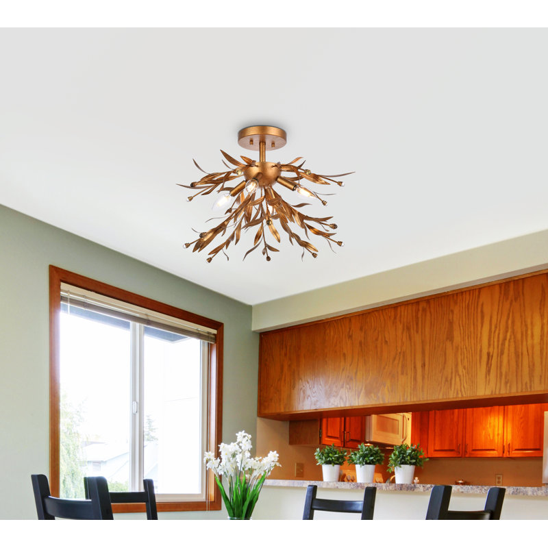 Plafonnier semi-encastré 4 lumières Guriopal, Feuille d’or, H 15,4 po x l 23 po x L 23 po