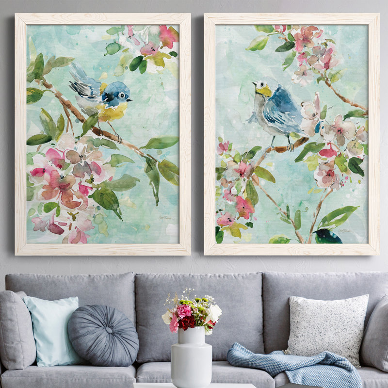 «Asbury Garden Song I», ensemble de 2 peintures sur toile encadrées, H 31,5 po x l 47 po x P 1,5 po, Cadre blanc