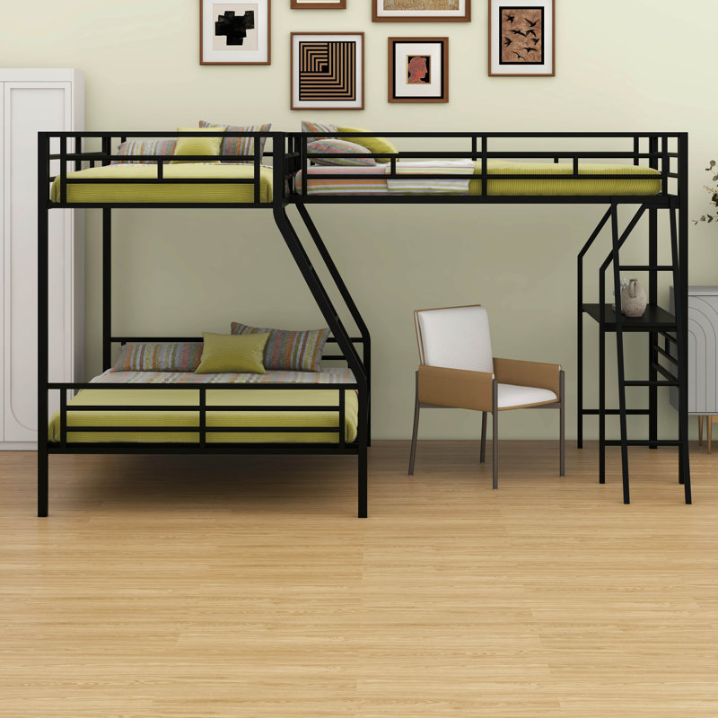 Lit superposé de coin en L en forme de L avec 2 échelles, lit superposé simple au-dessus d'un lit double avec bureau